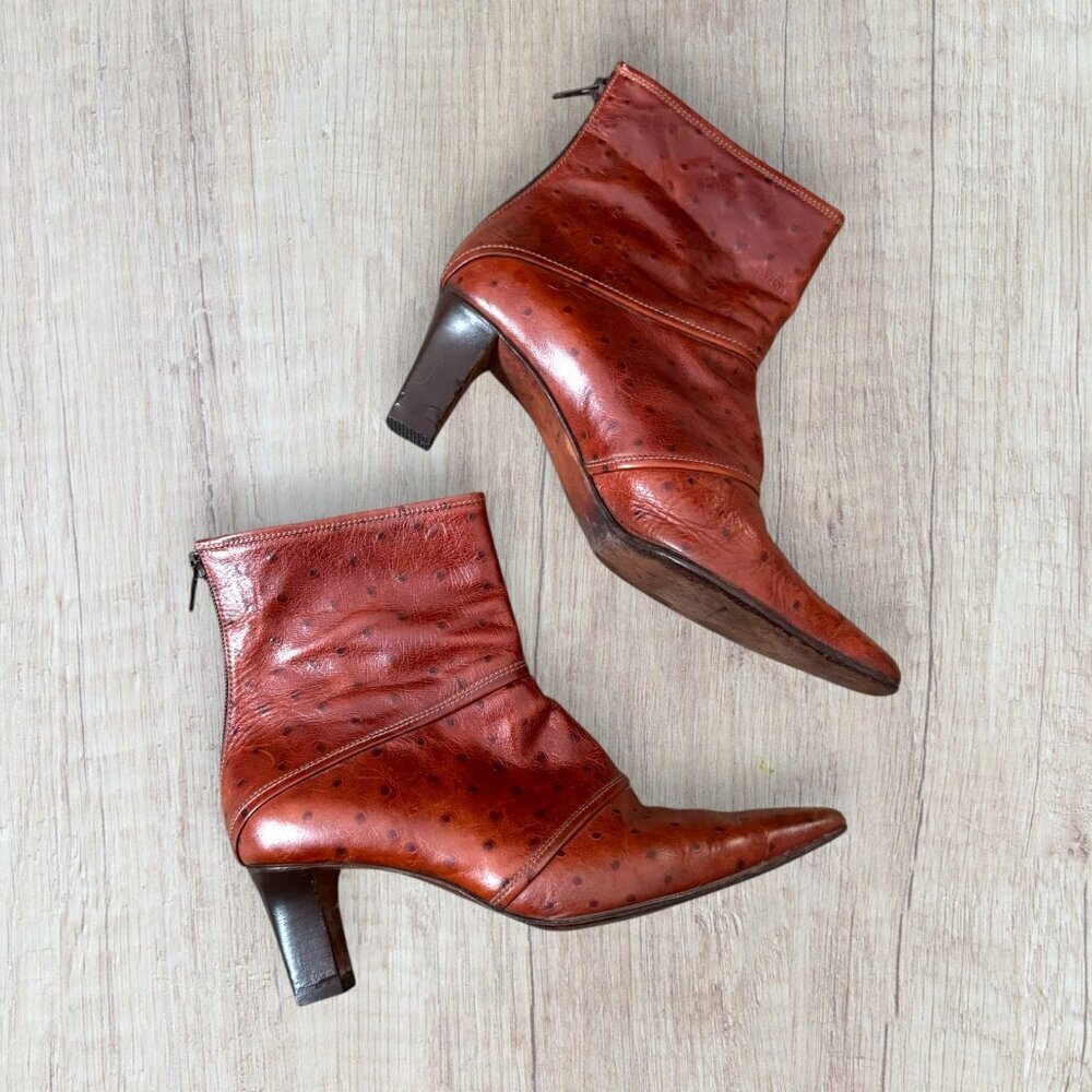 LOS ROBLES Vintage Ostrich Leather Western Snip Toe Boots 7.5 Block Heel Cognac